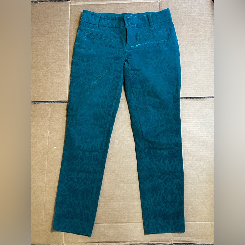 Anthropologie Cartonnier Damask Flocked Velvet Charlie Ankle Pants-Green-Size 2.